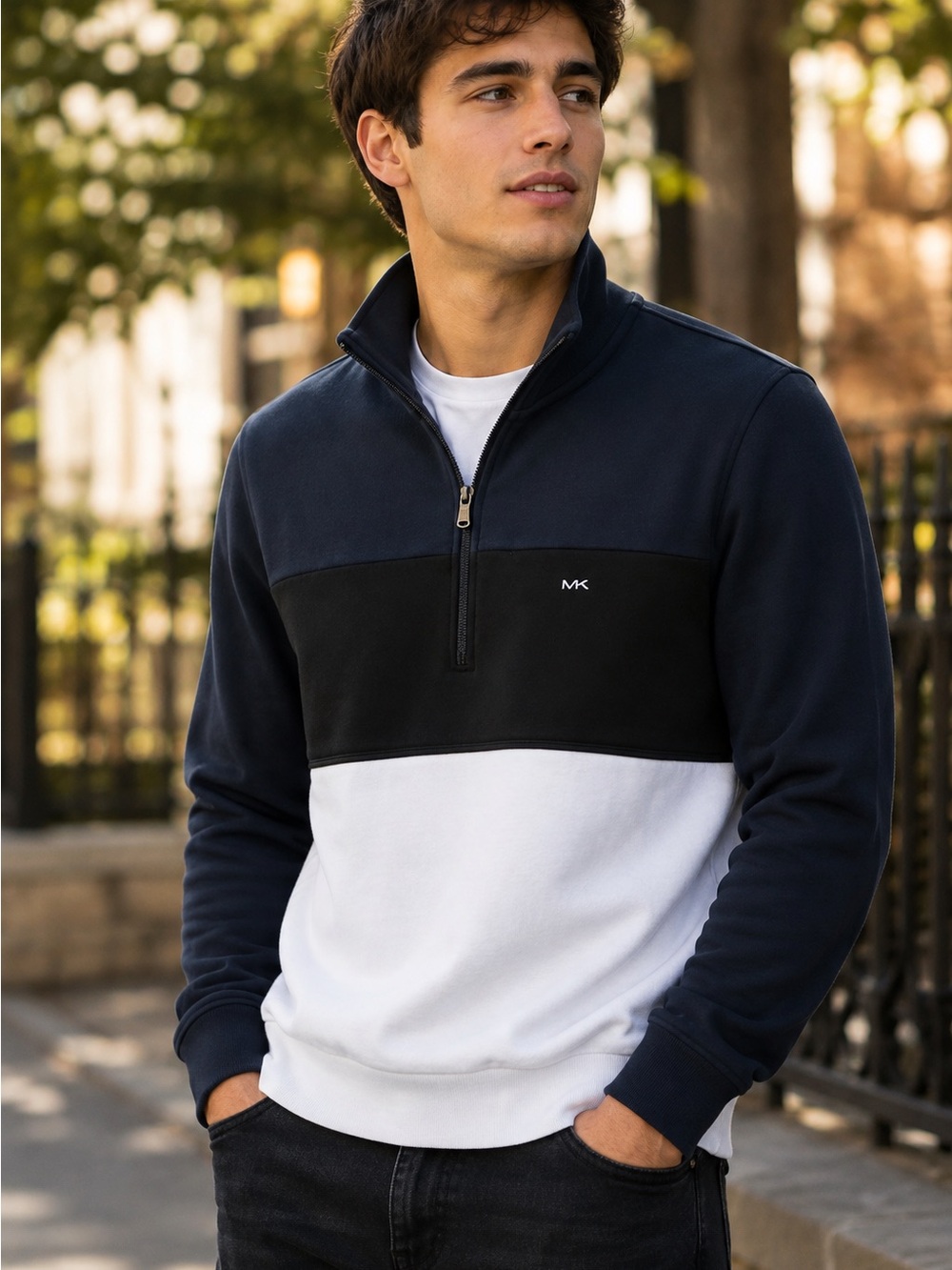 Michael Kors Men’s Colorblock Quarter Zip Pullover Sweatshirt Navy Black White M